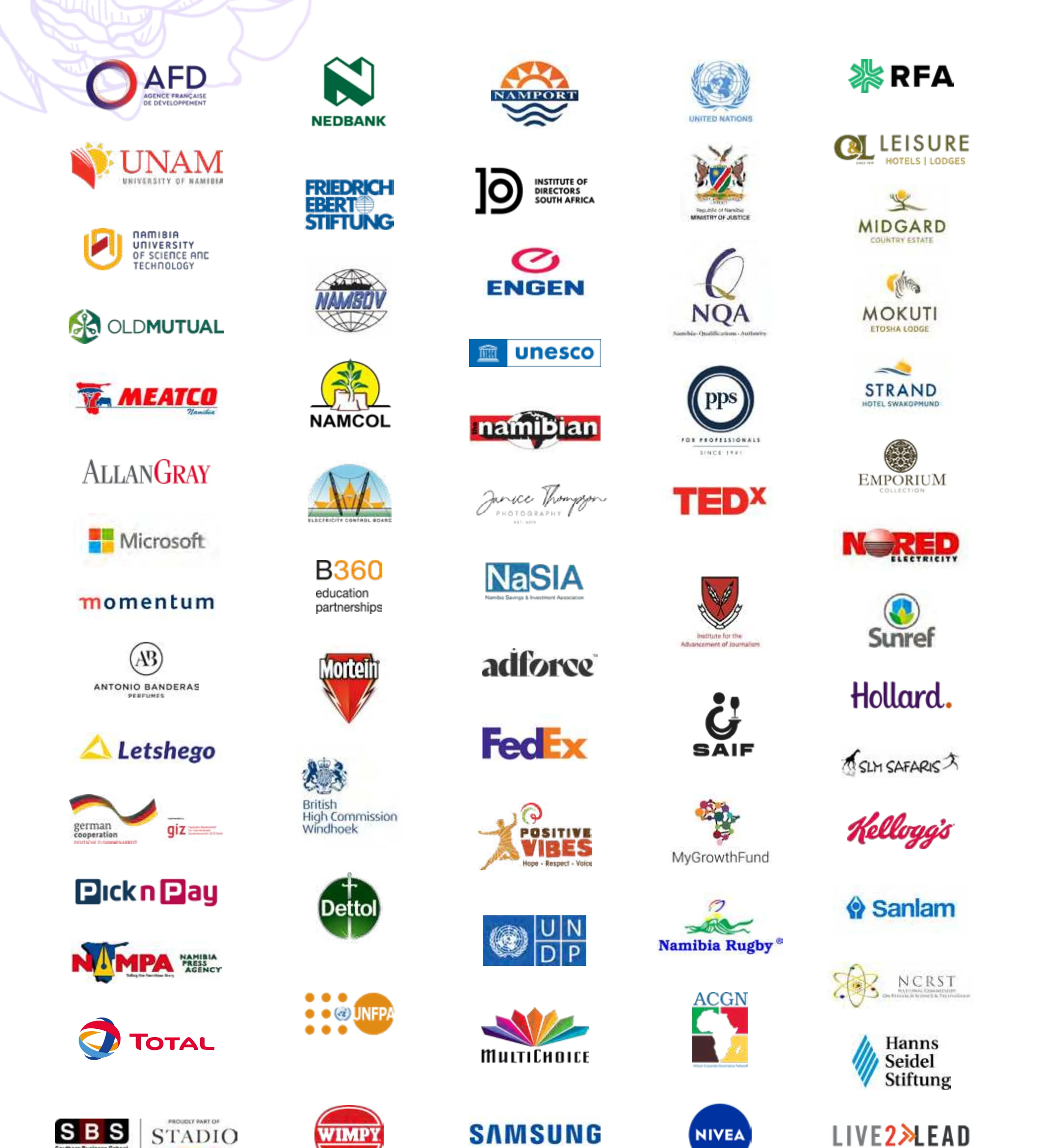 A selection of clients Twafiika Consultants has served, including AFD, Nedbank, Namport, United Nations, RFA, UNAM, Friedrich Ebert Stiftung, Institute of Directors South Africa, Ministry of Justice, C&L Leisure Hotels, NUST, Engen, NQA, Midgard Country Estate, Old Mutual, NAMCOL, UNESCO, PPS, Mokuti, Meatco, The Namibian, TEDx, Strand Hotel Swakopmund, Allan Gray, Janice Thompson Photography, Emporium, Microsoft, Electricity Control Board, NORED, Momentum, B360 Education Partnerships, NaSIA, Institute for the Advancement of Journalism, Sunref, Antonio Banderas Perfumes, Mortein, adforce, SAIF, Hollard, Letshego, FedEx, SLM Safaris, German Cooperation GIZ, British High Commission Windhoek, Positive Vibes, MyGrowthFund, Kelloggs, Pick n Pay, Dettol, UNDP, Namibia Rugby, Sanlam, NAMPA, UNFPA, MultiChoice, ACGN, NCRST, Total, SBS Stadio, Wimpy, Samsung, Nivea, Hanns Seidel Stiftung, Live2Lead