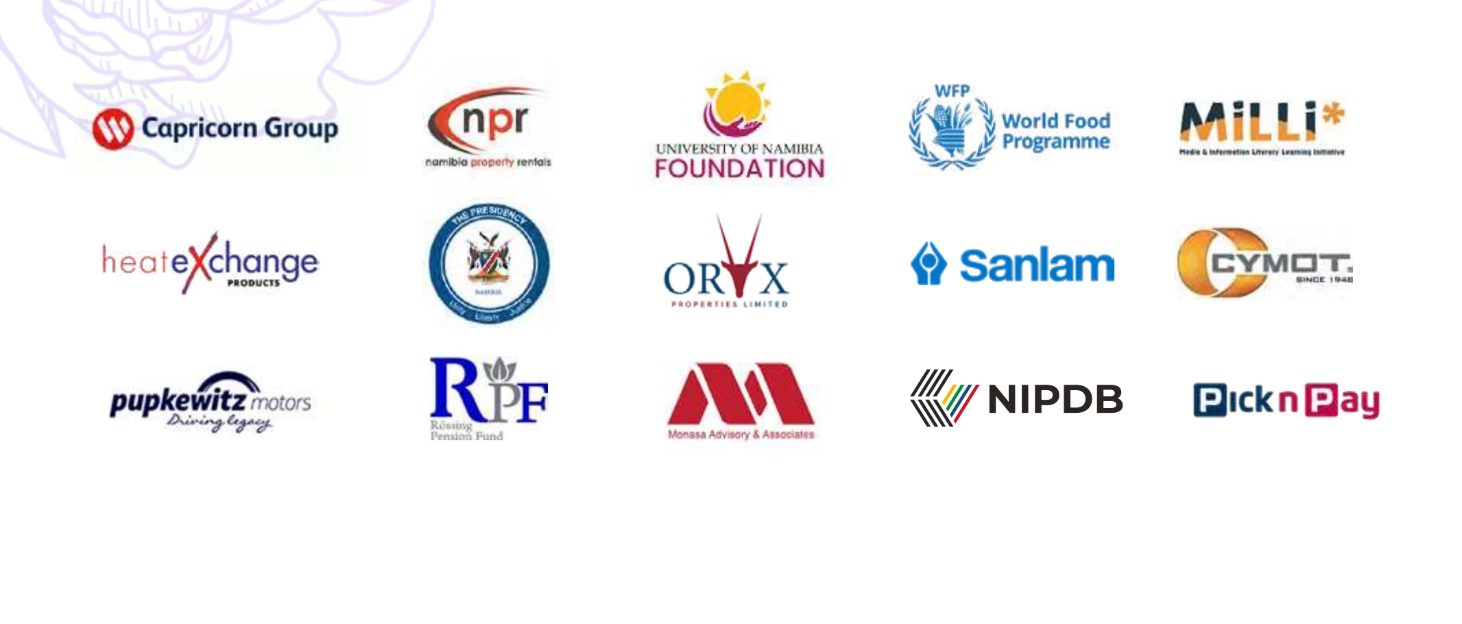 Additional clients including Capricorn Group, NPR Namibia Property Rentals, University of Namibia Foundation, World Food Programme, MILLI*, Heat Exchange, The Presidency, Oryx Properties, Sanlam, CYMOT, Pupkewitz Motors, Rössing Pension Fund, Monasa Advisory & Associates, NIPDB, Pick n Pay