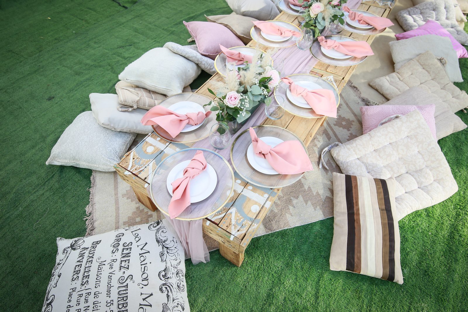 Corporate women's event with outdoor lounge styling at golden hour